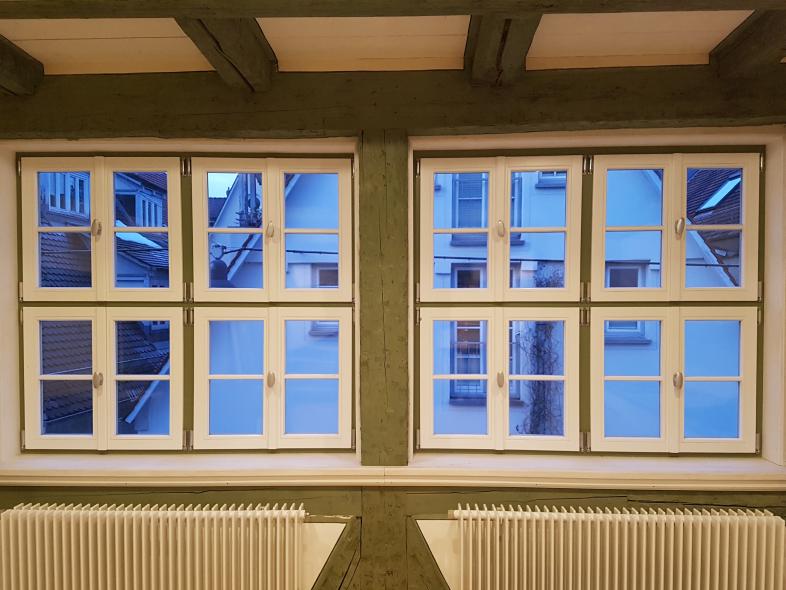 Ausgezeichnete Sanierung eines Fachwerkhauses mit PaXretro58 aus Kiefer in Ulm Innenansicht