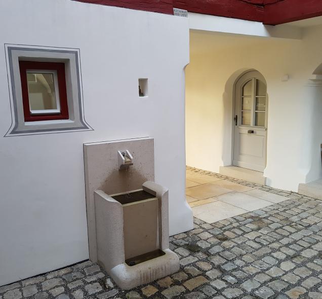 Ausgezeichnete Sanierung eines Fachwerkhauses mit PaXretro58 aus Kiefer in Ulm Hof mit Brunnen