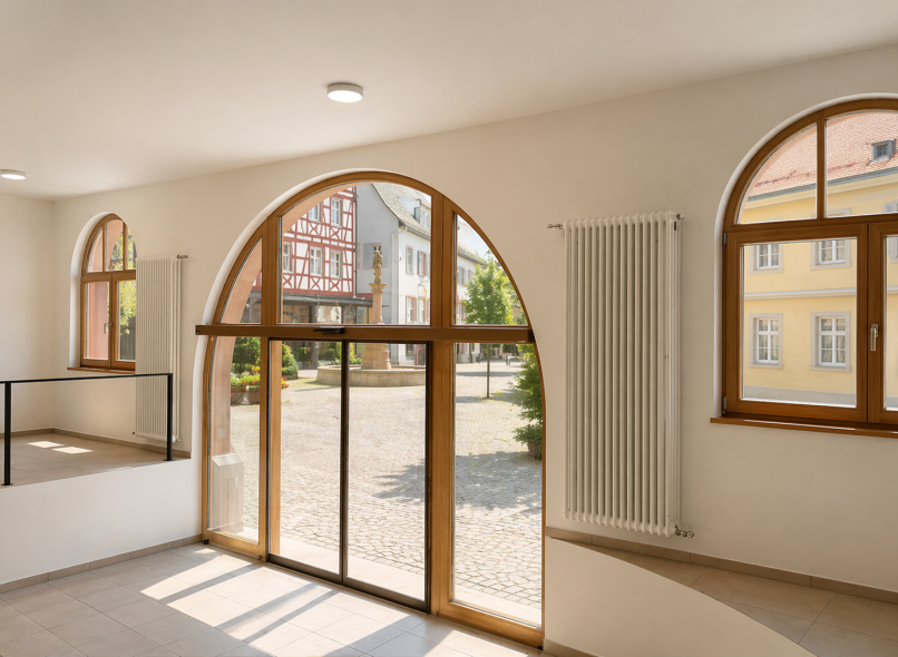 Eingangsbereich mit Rundbogen Fenstertüren PaXpremium78 in der Mediathek Ettenheim