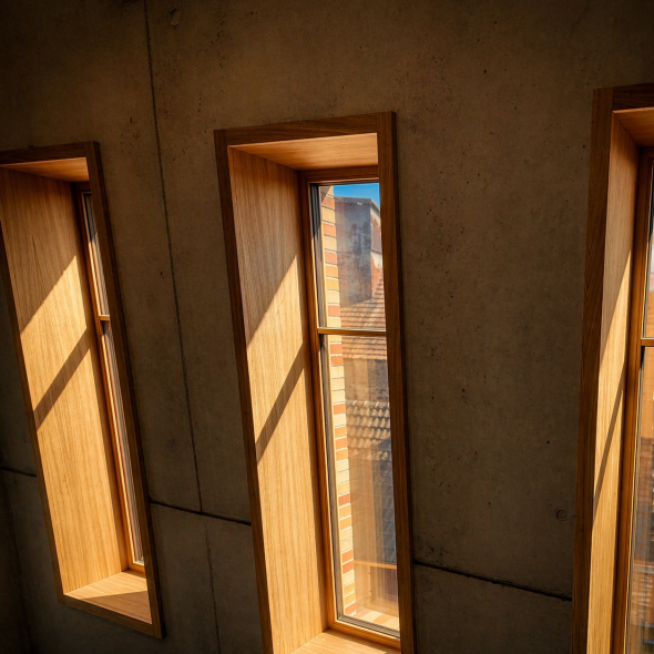 Bodentiefe Holzfenster von PaX in der Meidathek Ettlingen